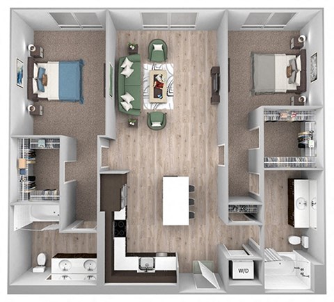 Floor plan for 2 beds, 2 baths, 1227 sqft